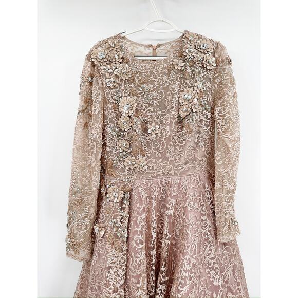 Mac Duggal 11121 Mocha Embellished Long Sleeve Illusion A-Line Gown Size 6 - Picture 9 of 10